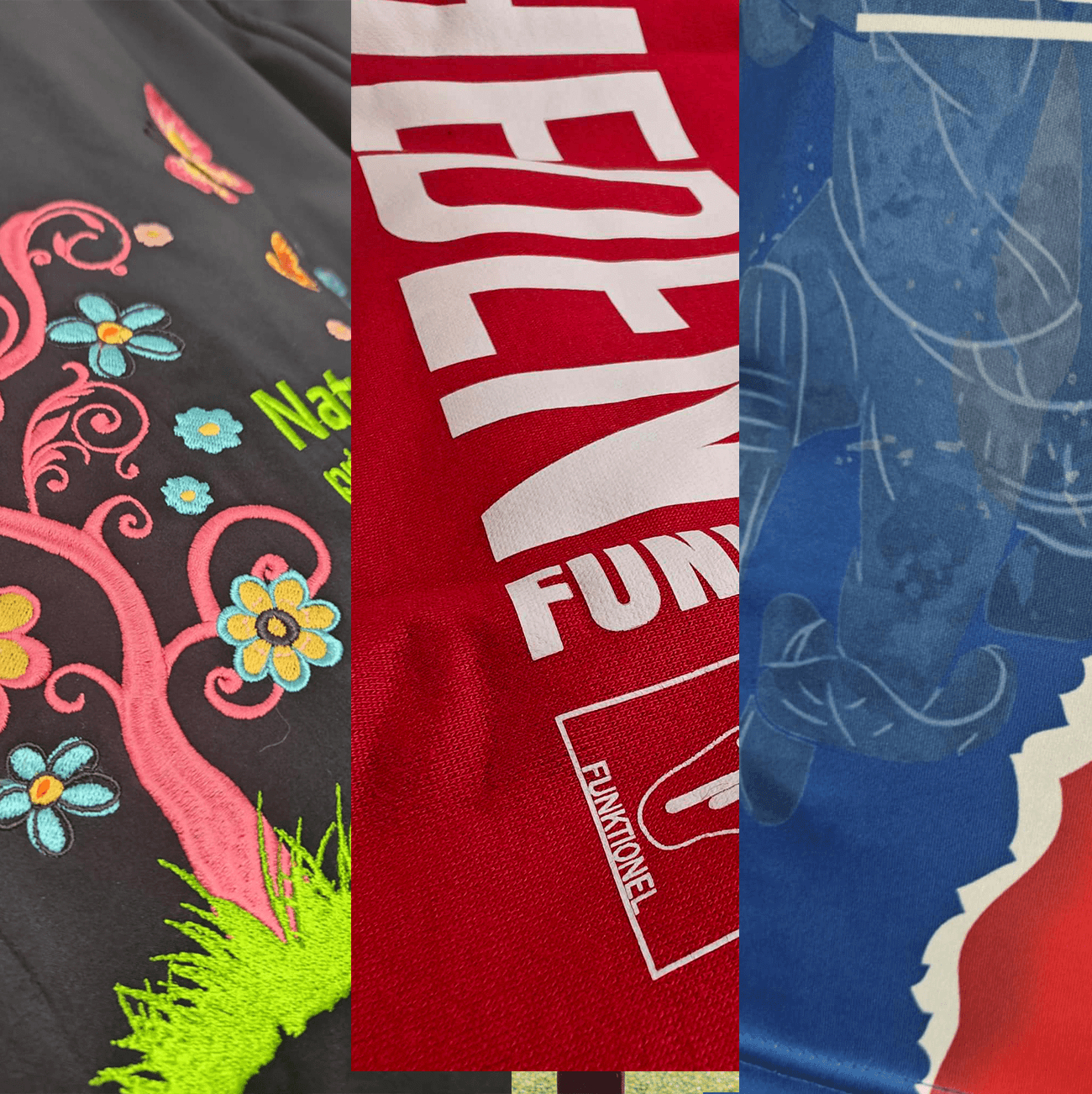 Billedet viser brodering, transfertryk og sublimering